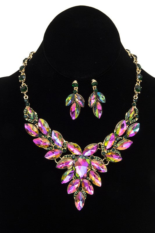 FACETED CRYSTAL MARQUISE BIB EVENING NECKLACE SET