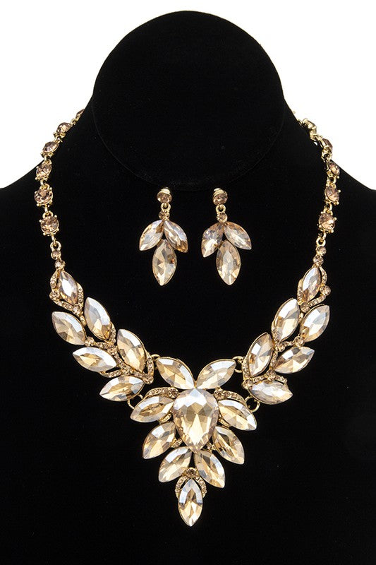 FACETED CRYSTAL MARQUISE BIB EVENING NECKLACE SET