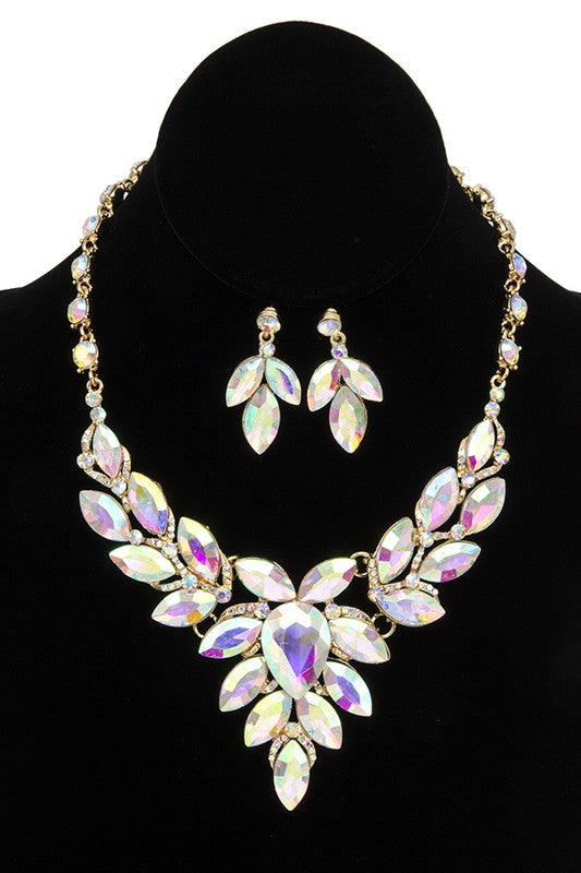 FACETED CRYSTAL MARQUISE BIB EVENING NECKLACE SET