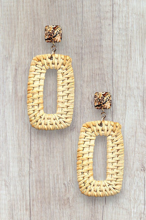 FACETED GEM POST RATTAN WOVEN RECTANGLE DANGLE EARRING