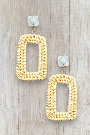 FACETED GEM POST RATTAN WOVEN RECTANGLE DANGLE EARRING