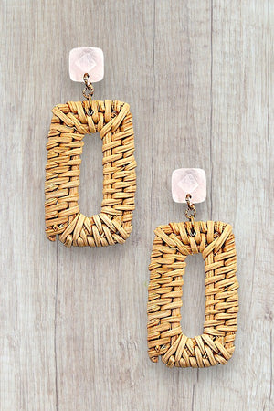 FACETED GEM POST RATTAN WOVEN RECTANGLE DANGLE EARRING