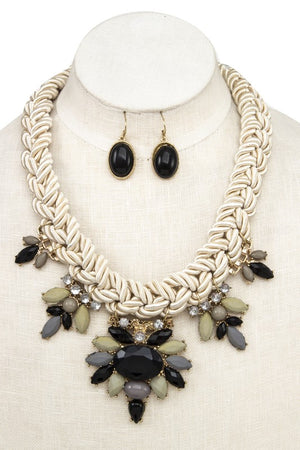 BRAIDED ROPE FACETED ACRYLIC GEM BIB NECKLACE SET