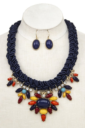 BRAIDED ROPE FACETED ACRYLIC GEM BIB NECKLACE SET