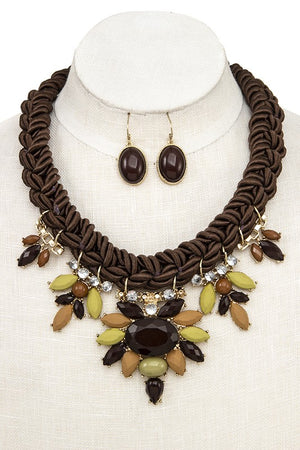 BRAIDED ROPE FACETED ACRYLIC GEM BIB NECKLACE SET