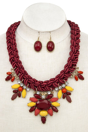 BRAIDED ROPE FACETED ACRYLIC GEM BIB NECKLACE SET