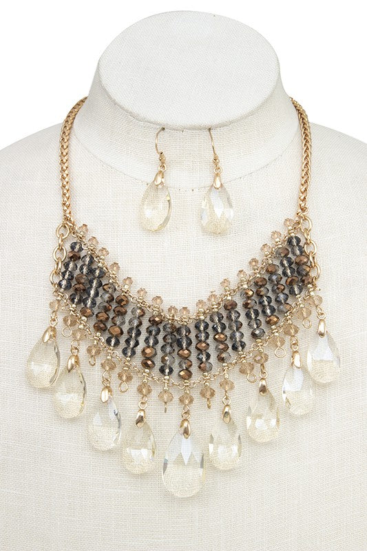 FACETED GLASS BEAD FRINGE BIB NECKLACE SET