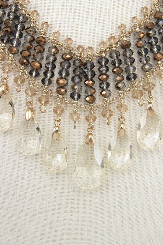 FACETED GLASS BEAD FRINGE BIB NECKLACE SET