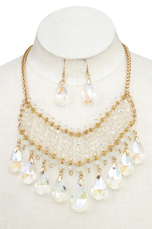 FACETED GLASS BEAD FRINGE BIB NECKLACE SET