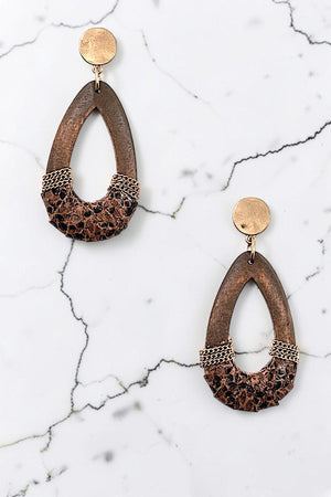 REPTILE PATTERN WRAPPED WOOD TEARDROP EARRING