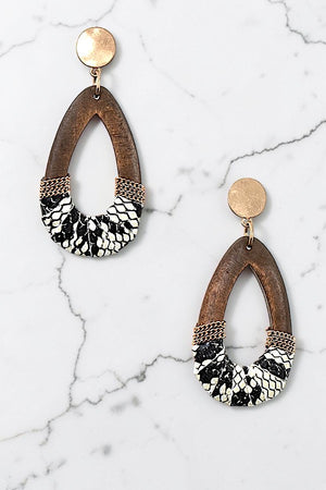 REPTILE PATTERN WRAPPED WOOD TEARDROP EARRING
