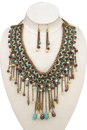 WOVEN CUBE BEAD FRINGE BIB NECKLACE SET