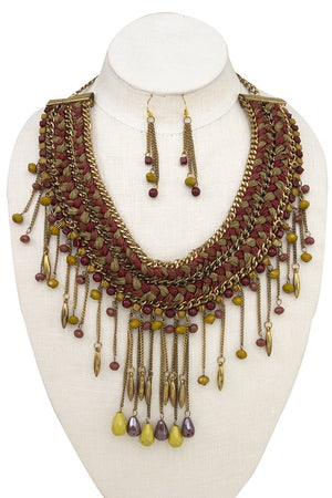 WOVEN CUBE BEAD FRINGE BIB NECKLACE SET