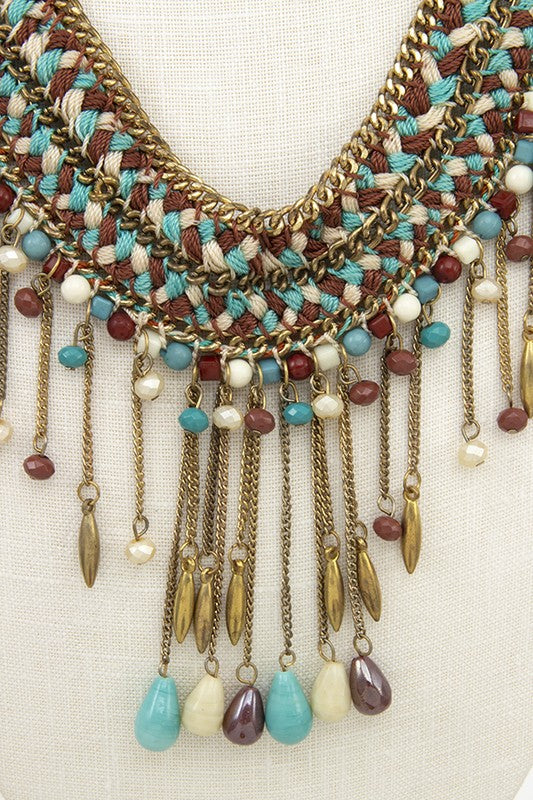 WOVEN CUBE BEAD FRINGE BIB NECKLACE SET