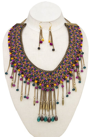 WOVEN CUBE BEAD FRINGE BIB NECKLACE SET