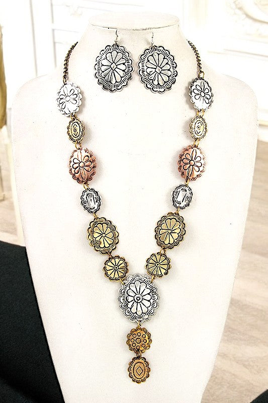 FLAT FLORAL ETCHED LINK METAL OBLONG NECKLACE SET