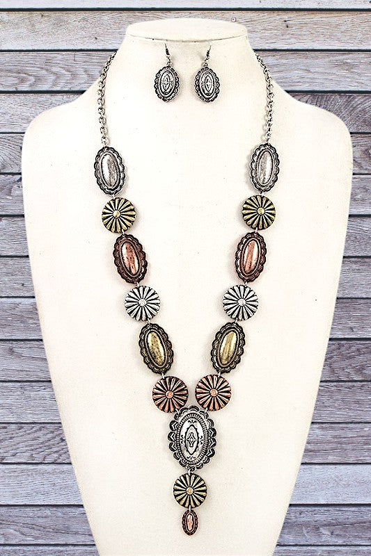 ETCHED ORNATE METAL OBLONG NECKLACE SET