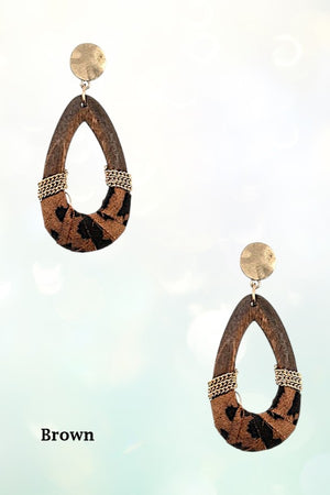 WOODEN TEARDROP ANIMAL PRINT FABRIC AND CHAIN WRAPPED DROP EARRING