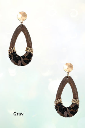 WOODEN TEARDROP ANIMAL PRINT FABRIC AND CHAIN WRAPPED DROP EARRING