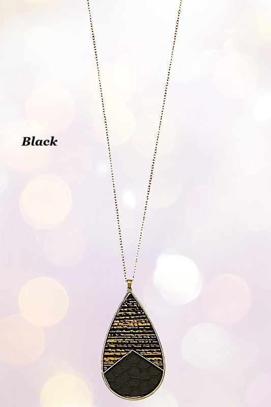 Genuine Leather Teardrop Pendant Long Neklace Set