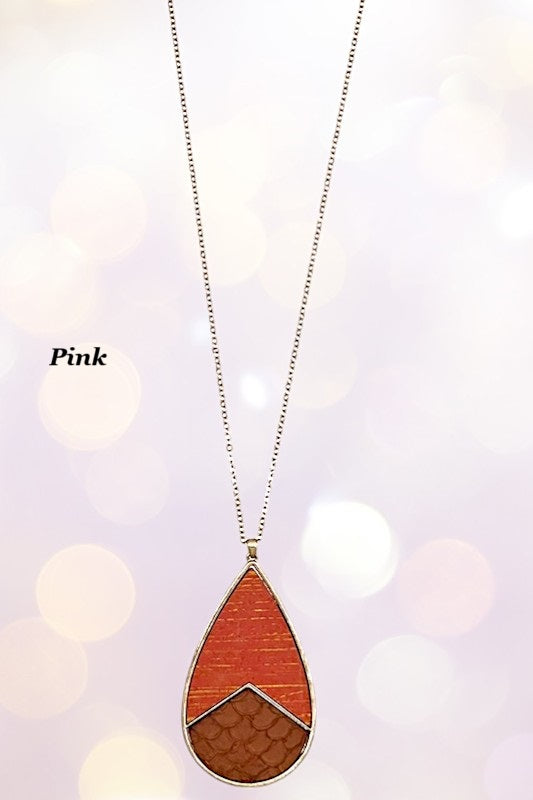 Genuine Leather Teardrop Pendant Long Neklace Set