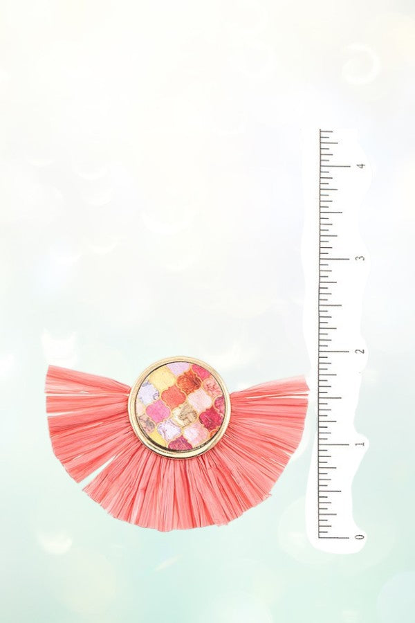 ROUND MIX PRINT RAFFIA TASSEL EARRING