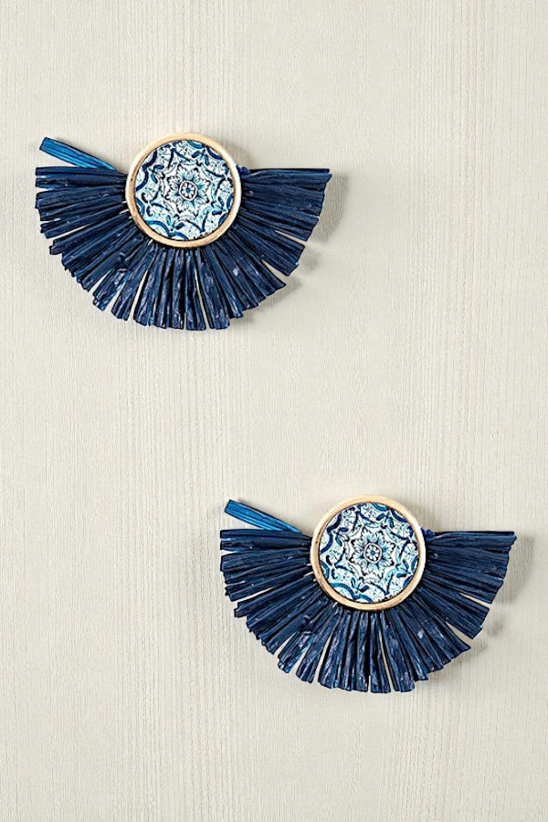 ROUND MIX PRINT RAFFIA TASSEL EARRING