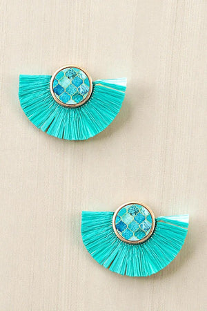 ROUND MIX PRINT RAFFIA TASSEL EARRING