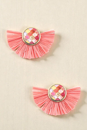 ROUND MIX PRINT RAFFIA TASSEL EARRING