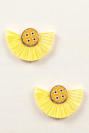 ROUND MIX PRINT RAFFIA TASSEL EARRING