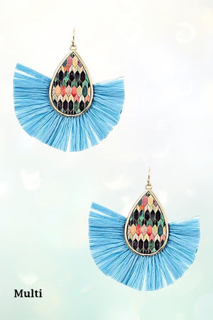 TEARDROP MIX PRINT RAFFIA TASSEL EARRING
