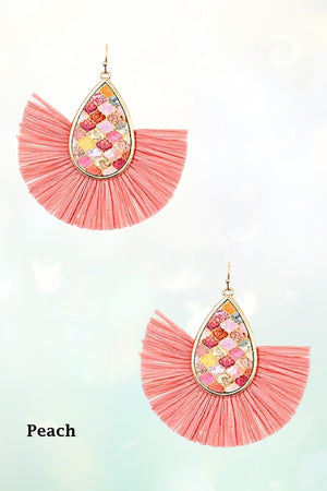 TEARDROP MIX PRINT RAFFIA TASSEL EARRING