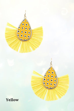 TEARDROP MIX PRINT RAFFIA TASSEL EARRING