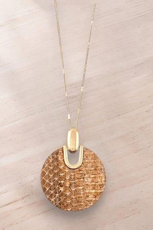 ROUND GENUINE LEATHER ANIMAL PRINT ROUND PENDANT LONG NECKLACE