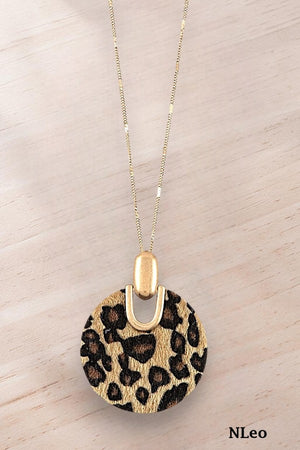 ROUND GENUINE LEATHER ANIMAL PRINT ROUND PENDANT LONG NECKLACE