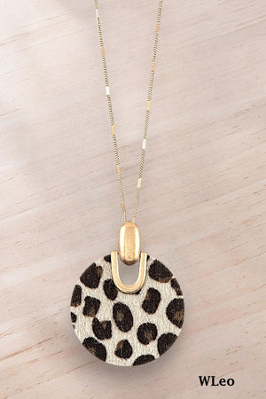 ROUND GENUINE LEATHER ANIMAL PRINT ROUND PENDANT LONG NECKLACE