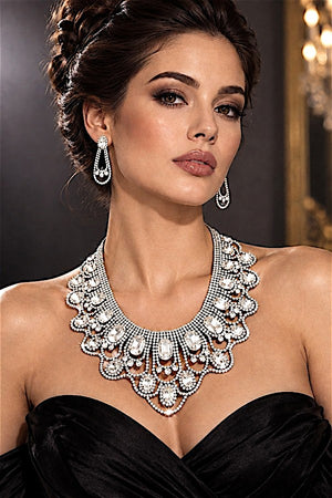 CRYSTAL GEM SCALLOPED BIB NECKLACE EARRING SET