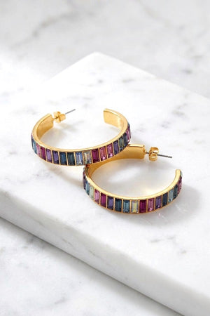 MULTI COLORED GEM PAVE SEMI HOOP EARRING