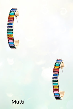 MULTI COLORED GEM PAVE SEMI HOOP EARRING