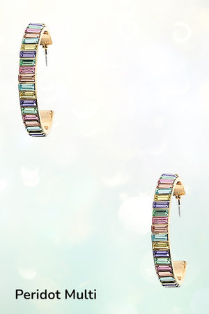 MULTI COLORED GEM PAVE SEMI HOOP EARRING