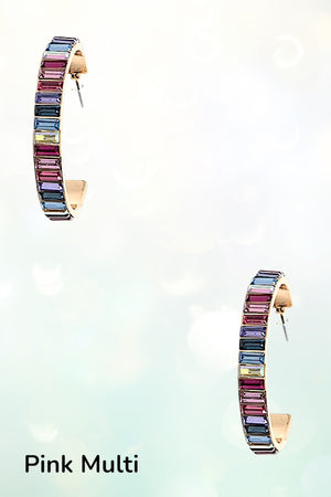 MULTI COLORED GEM PAVE SEMI HOOP EARRING