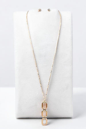 TRIPLE LINK OVAL PENDANT LONG NECKLACE AND BALL BEAD EARRING SET