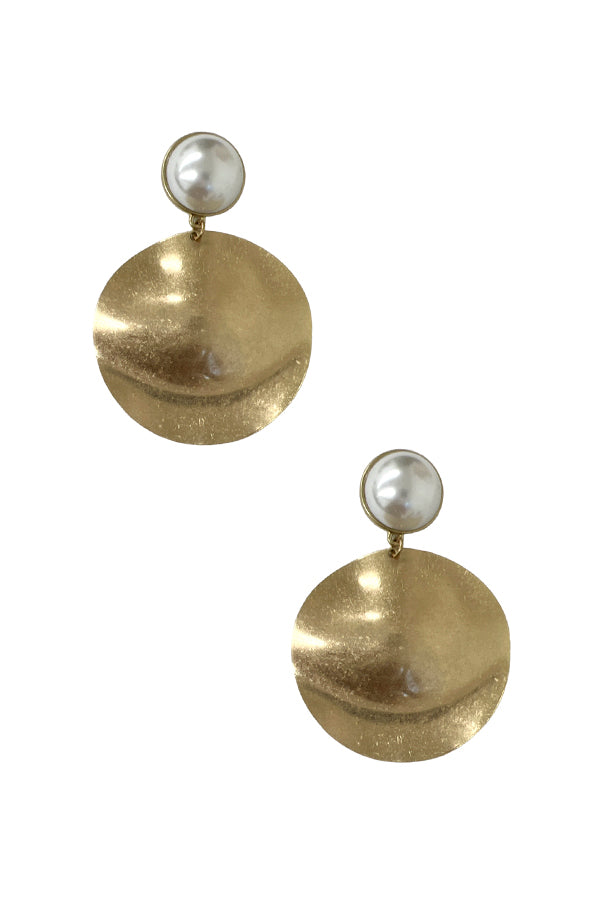 Pearl Accent Link Curved Disk Dangle Earring