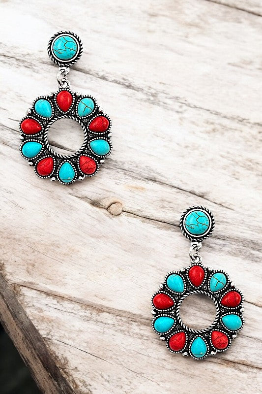 ROUND FRAMED GEM DANGLE EARRING