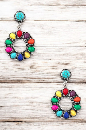 ROUND FRAMED GEM DANGLE EARRING