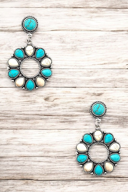 ROUND FRAMED GEM DANGLE EARRING