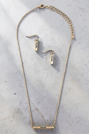 FAITH ETCHED BAR PENDANT NECKLACE AND FAITH BAR DROP EARRING SET