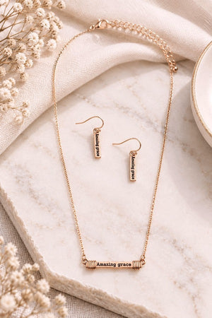 AMAZING GRACE ETCHED BAR PENDANT NECKLACE AND EARRING SET