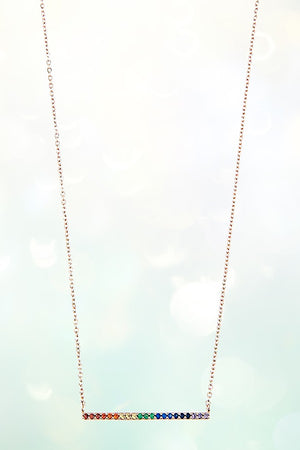 SINGLE BAR RAINBOW RHINESTONE PENDANT NECKLACE