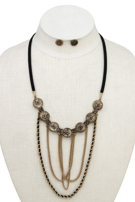 ETCHED DISK CHAIN DRAPPED NECKLACE SET